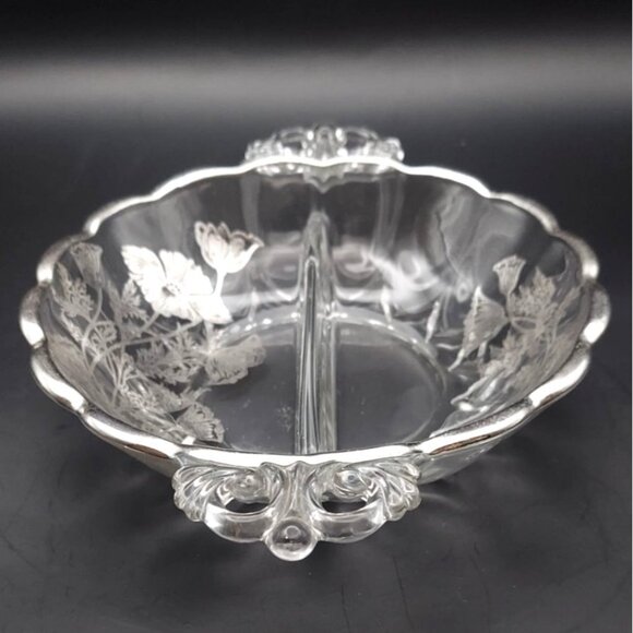 Silver City Glass Flanders Poppy Silver Overlay Crystal Divided Scalloped Dish - Picture 5 of 10